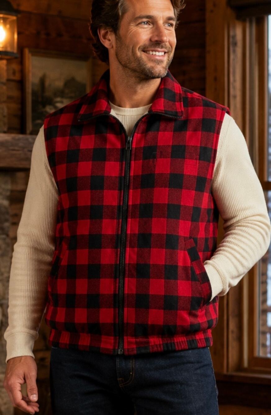 Vintage Ozark Trail buffalo plaid vest Flannel full zip pockets 90s outdoor M